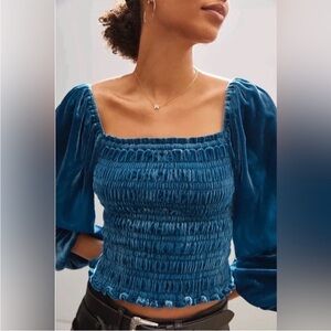 Anthropologie Velvet Smocked Top Teal Blue Size S